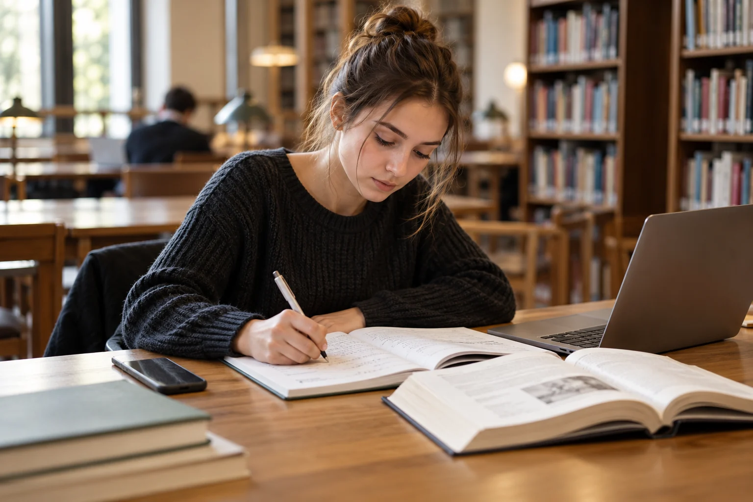 Studentka soustředěně pracuje s knihou a poznámkami v knihovně
