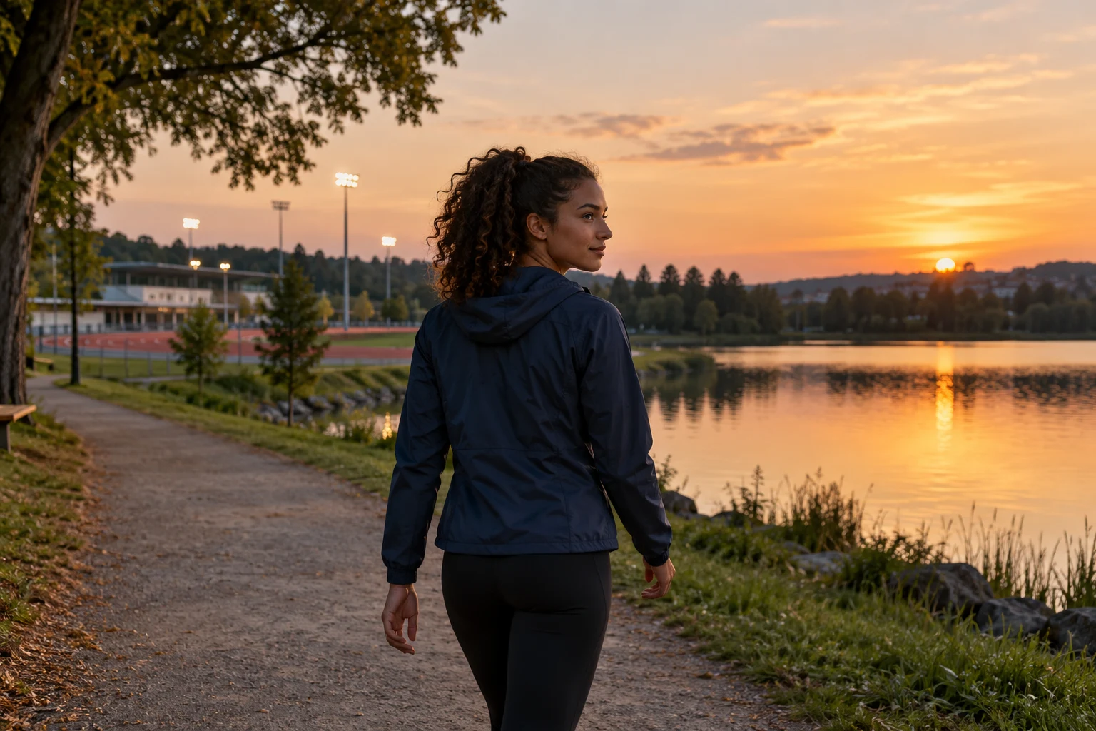 Sportovkyně na klidné večerní procházce u jezera po skončení tréninkového dne