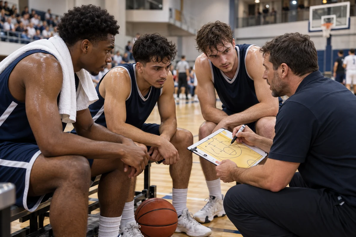 Basketbalový tým soustředěně přijímá taktickou instrukci během zápasu